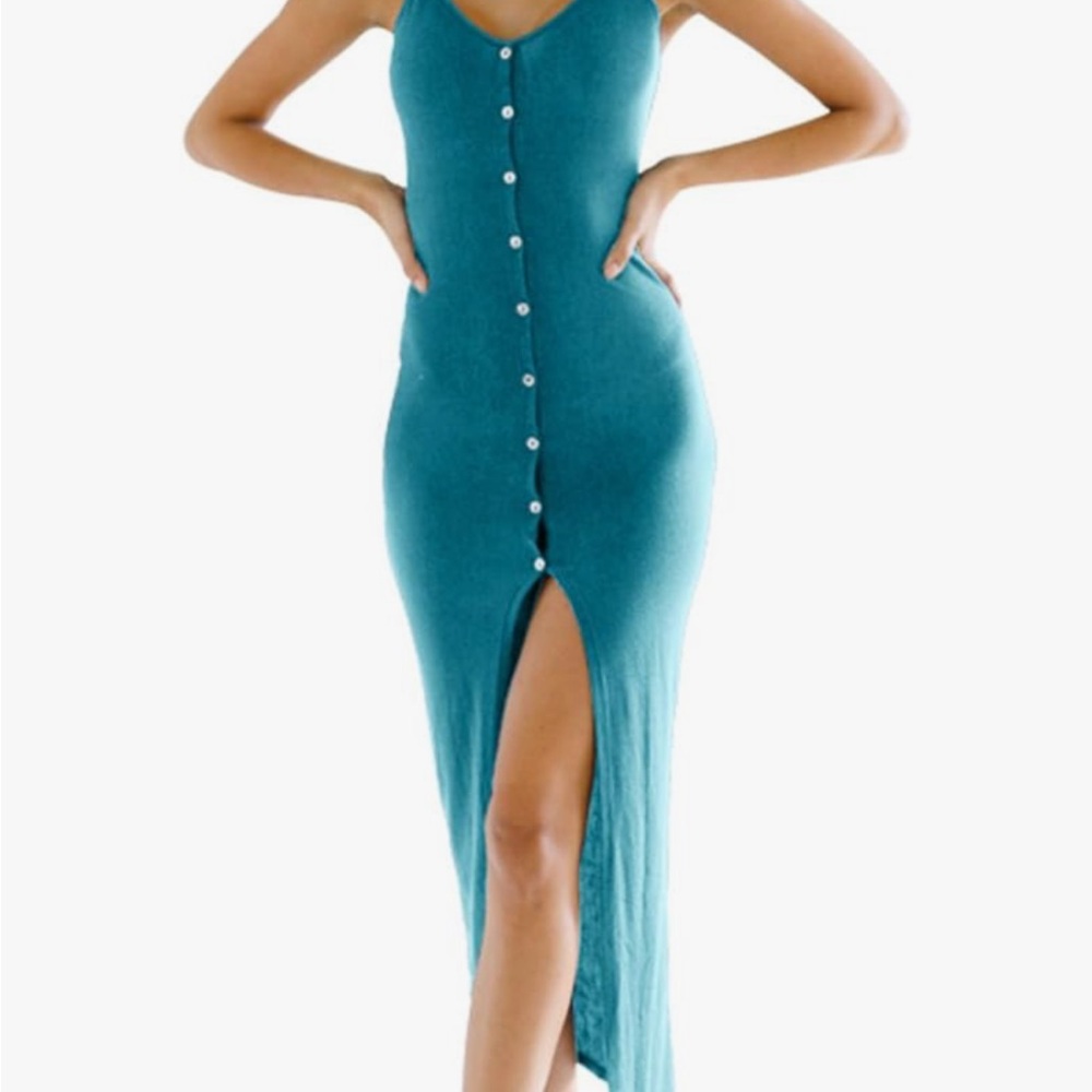 Women’s Teal Button-Front Maxi Dress with Side Slit
